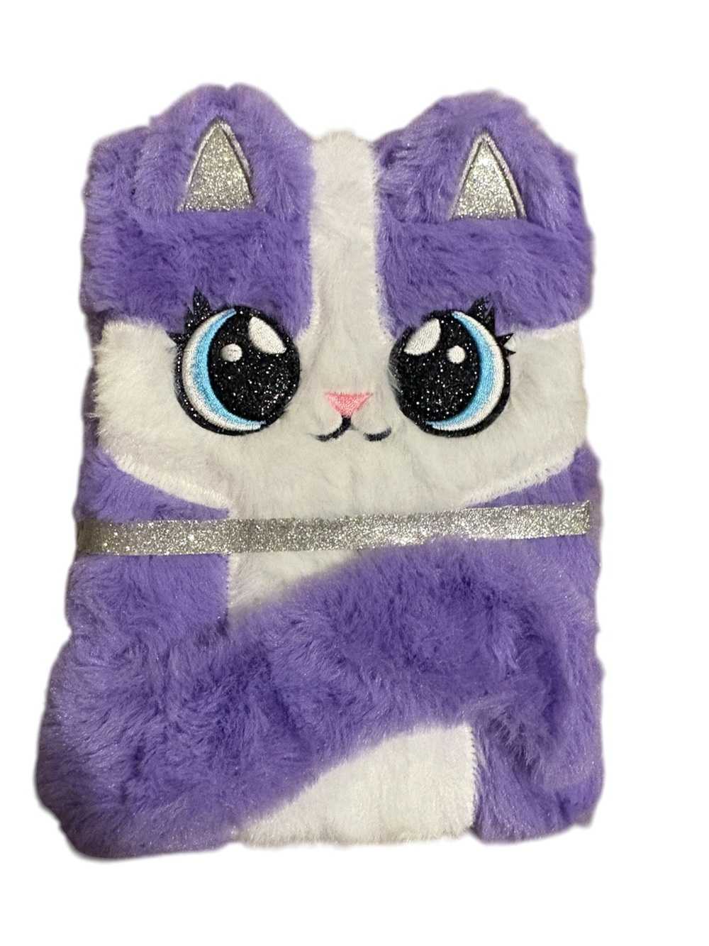 Claire's Purple & White Plush Cat Notebook Cover with Sparkle Eyes